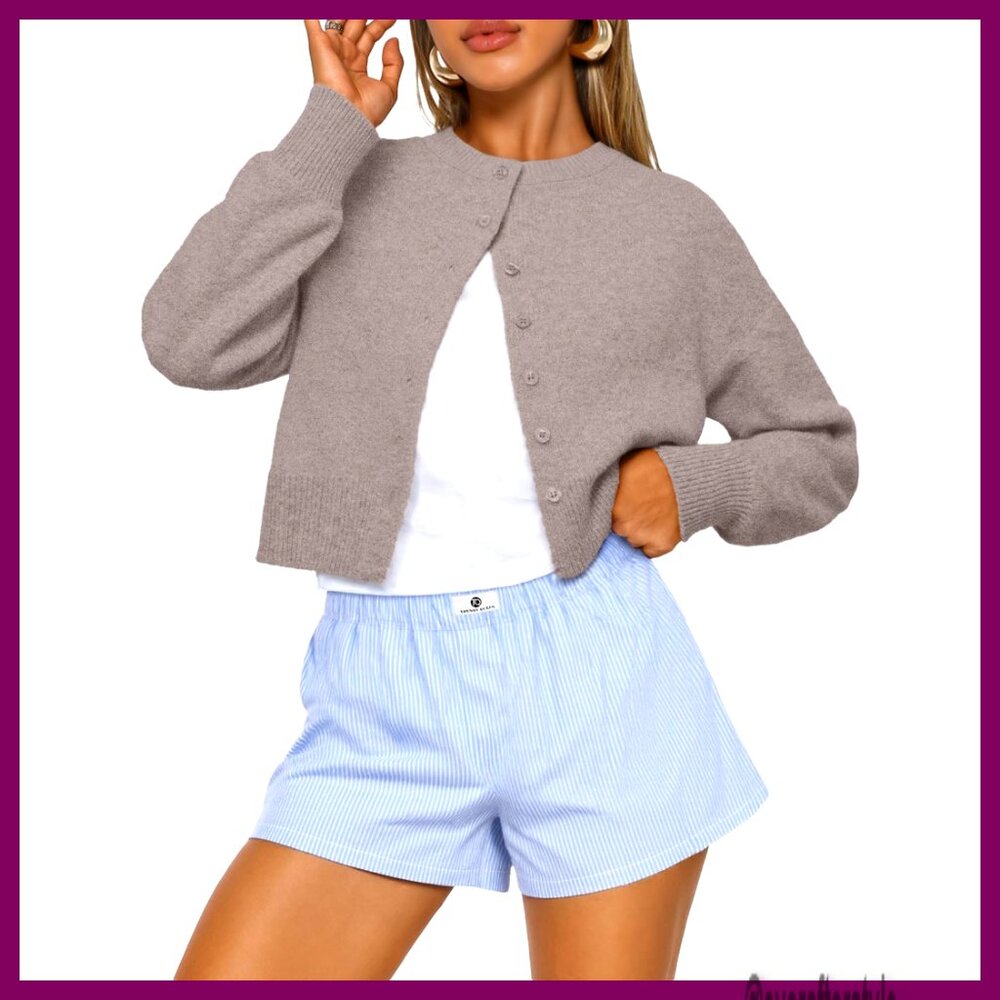 Lightweight Cropped Cardigan, Open Front, Long Sleeve, Polyester Blend, Casual